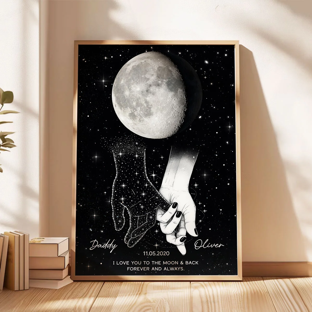Lost Loved One Holding Hands Moon Phase Galaxy Art Memorial Sympathy Gift Personalized Poster - Image 2