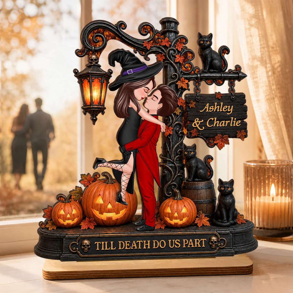 Till Death Do Us Part Couple - Personalized Wooden Plaque - Halloween Fall Decor for Her