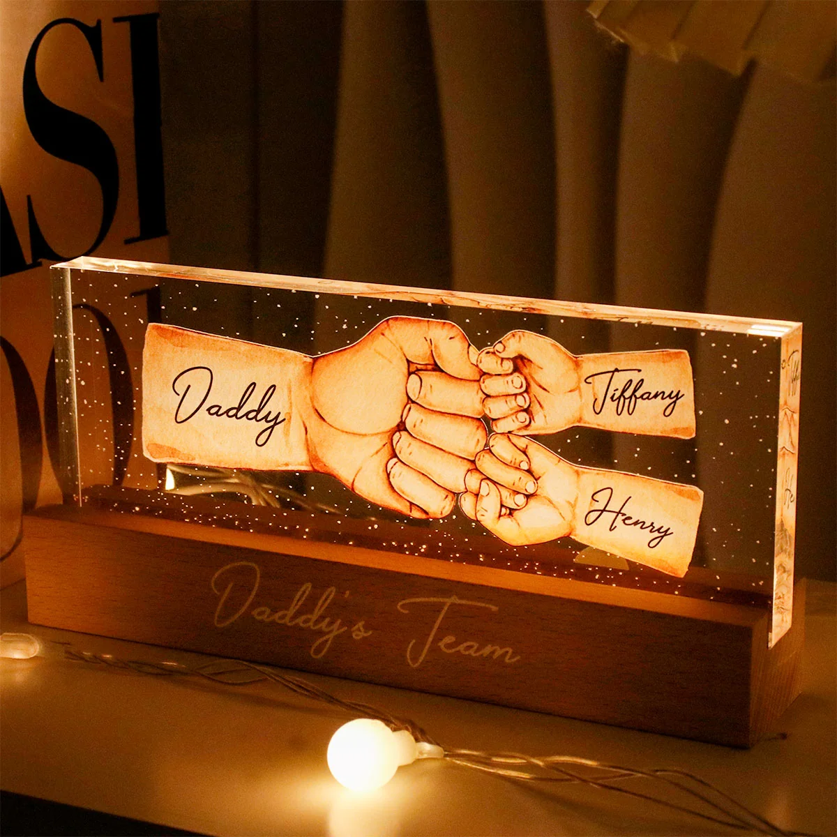 Daddy's Team Fist Bump - Personalized Acrylic Block Plaque LED Night Light - Gift For Dad, Gift For Husband, Gift For Grandpa - Image 2