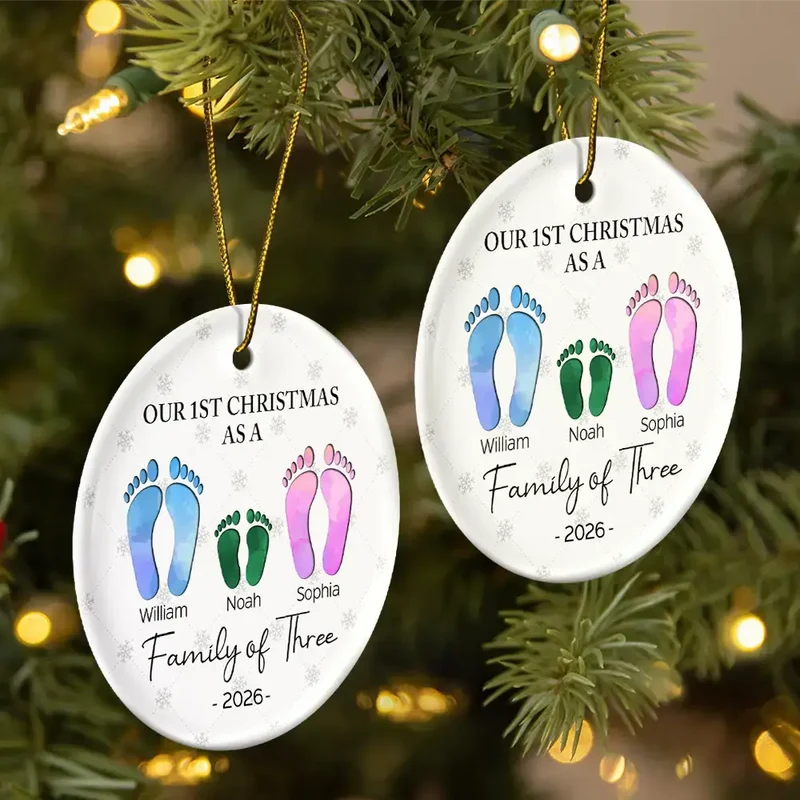 First Christmas As A Family Of Four Footprints - Personalized Circle Acrylic Ornament - Image 2