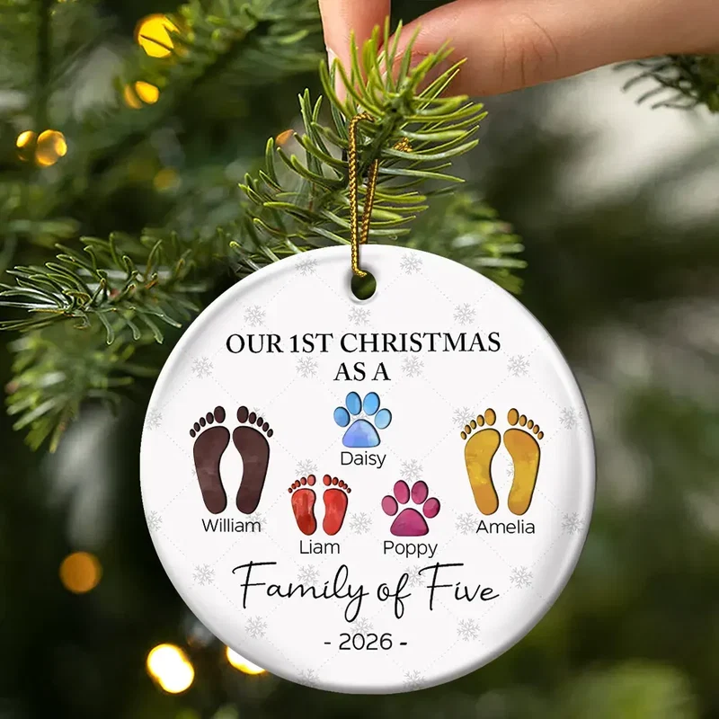 First Christmas As A Family Of Four Footprints - Personalized Circle Acrylic Ornament - Image 3