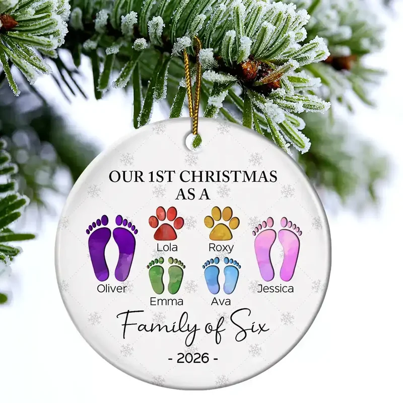 First Christmas As A Family Of Four Footprints - Personalized Circle Acrylic Ornament - Image 4