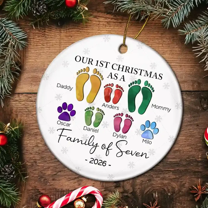 First Christmas As A Family Of Four Footprints - Personalized Circle Acrylic Ornament - Image 5