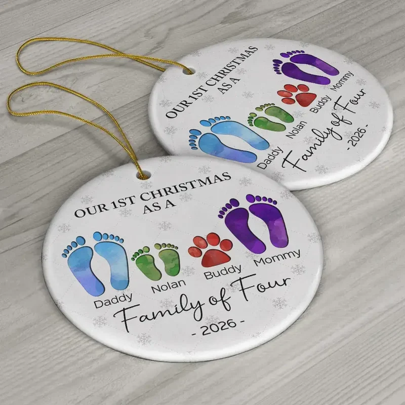 First Christmas As A Family Of Four Footprints - Personalized Circle Acrylic Ornament - Image 6