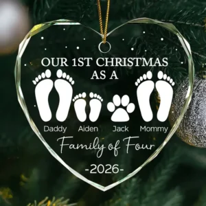 First Christmas As A Family Of Four Footprints - Personalized Heart Shaped Acrylic Ornament