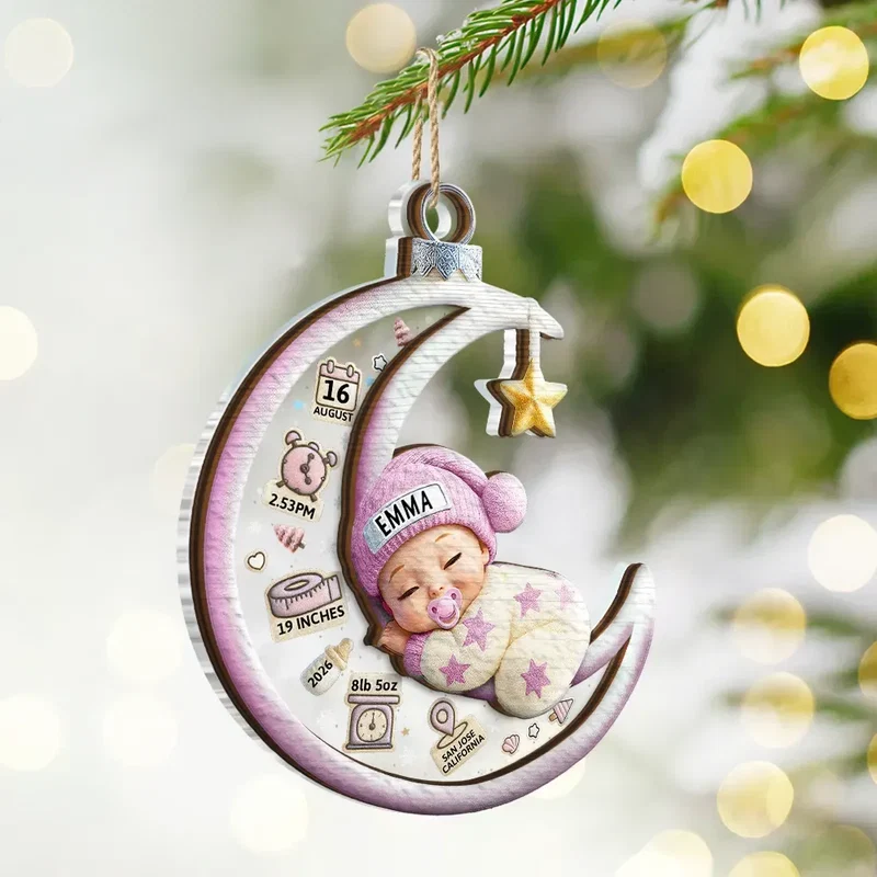 Baby Sleeping On The Moon First Christmas 3D Effect - Personalized Ornament - Image 2