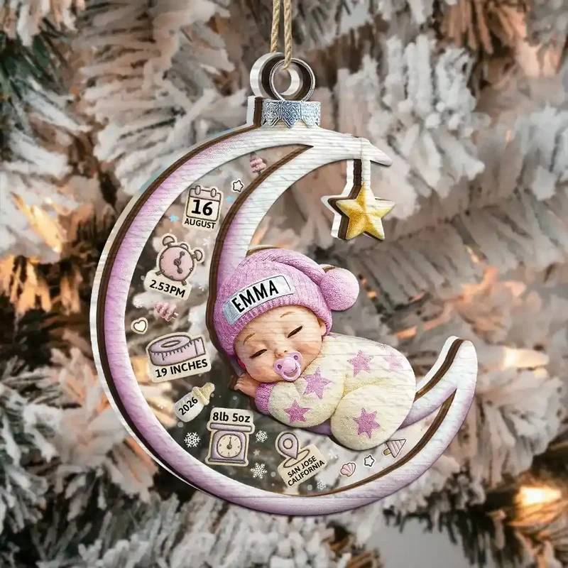 Baby Sleeping On The Moon First Christmas 3D Effect - Personalized Ornament - Image 3