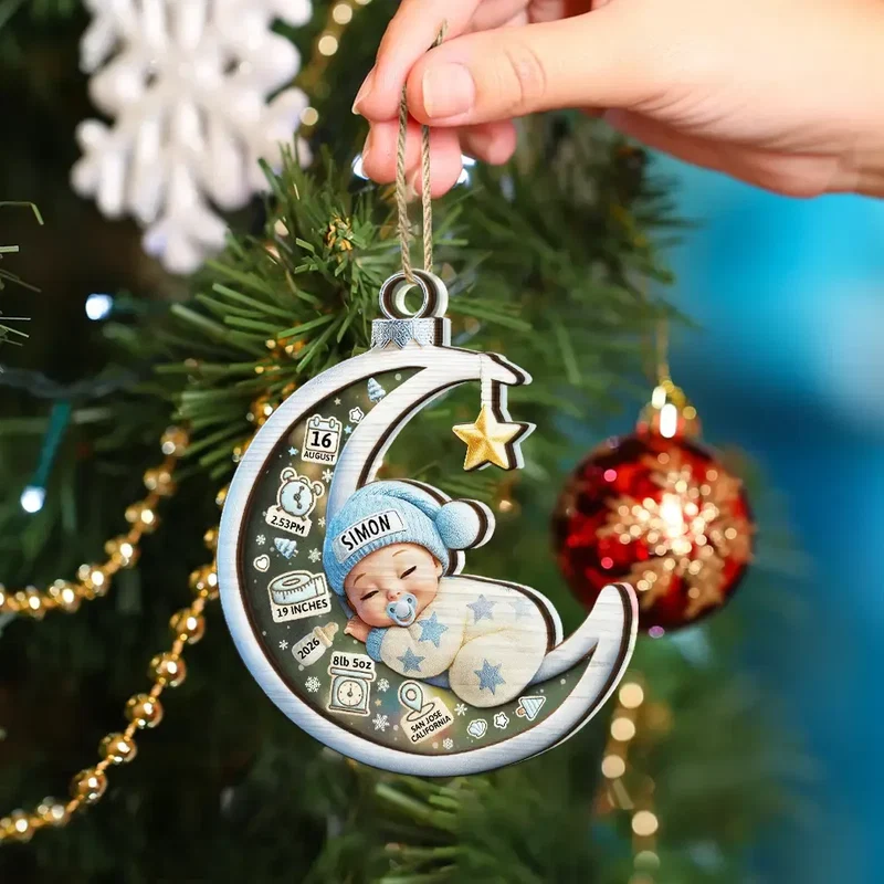 Baby Sleeping On The Moon First Christmas 3D Effect - Personalized Ornament - Image 4