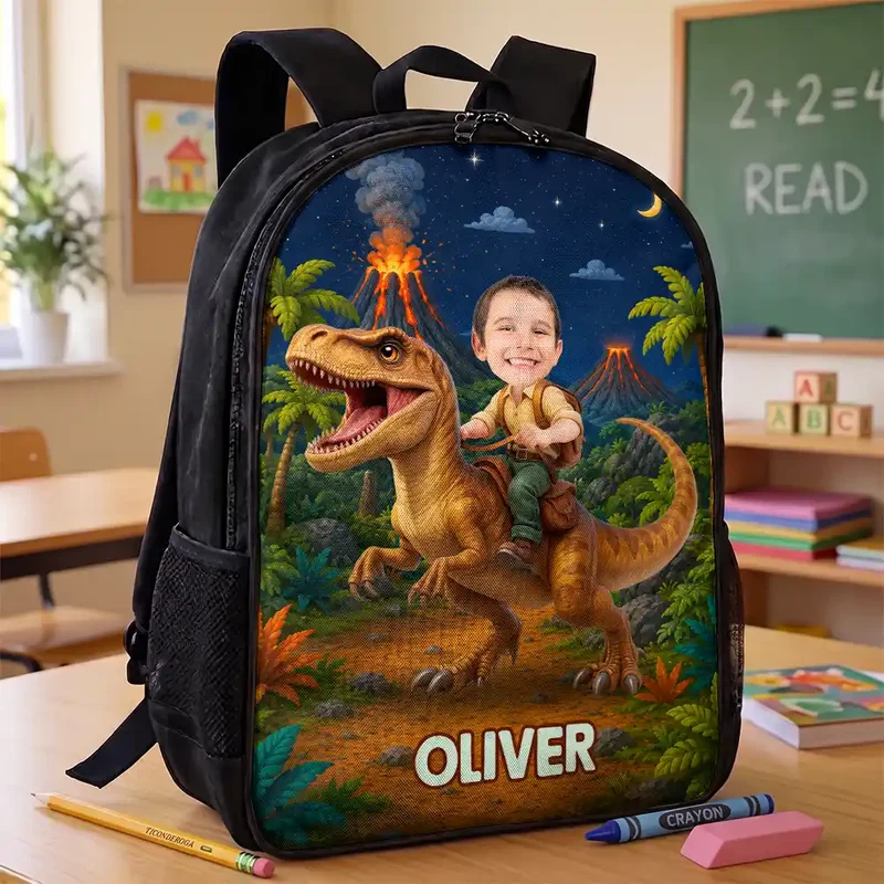 Custom Photo Adorable Kid Riding Dinosaur Flamingo Unicorn - Personalized Kids Backpack - Image 3