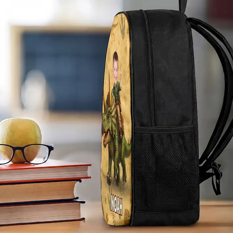 Custom Photo Adorable Kid Riding Dinosaur Flamingo Unicorn - Personalized Kids Backpack - Image 4