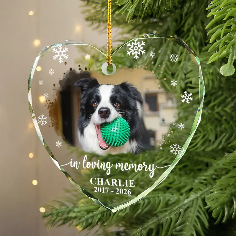 Custom Photo Forever Loved Memorial Dog Cat - Personalized Heart Shaped Glass Ornament - Image 2