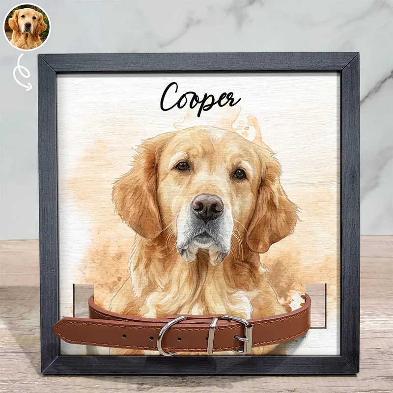 Custom Photo Realistic Watercolor Art Dog Cat Portrait Memorial - Personalized Pet Loss Sign, Collar Frame