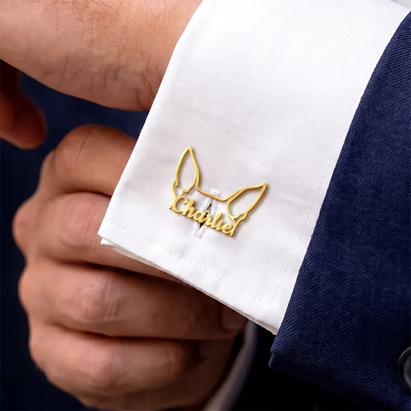 Dog Ears Line Art With Custom Name - Personalized Cufflinks - Image 2