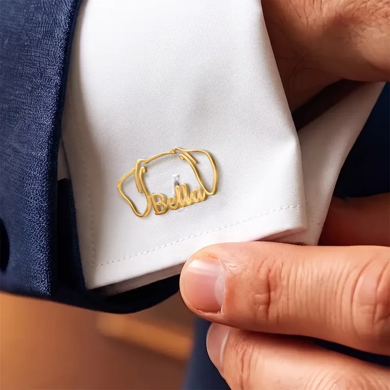 Dog Ears Line Art With Custom Name - Personalized Cufflinks - Image 5