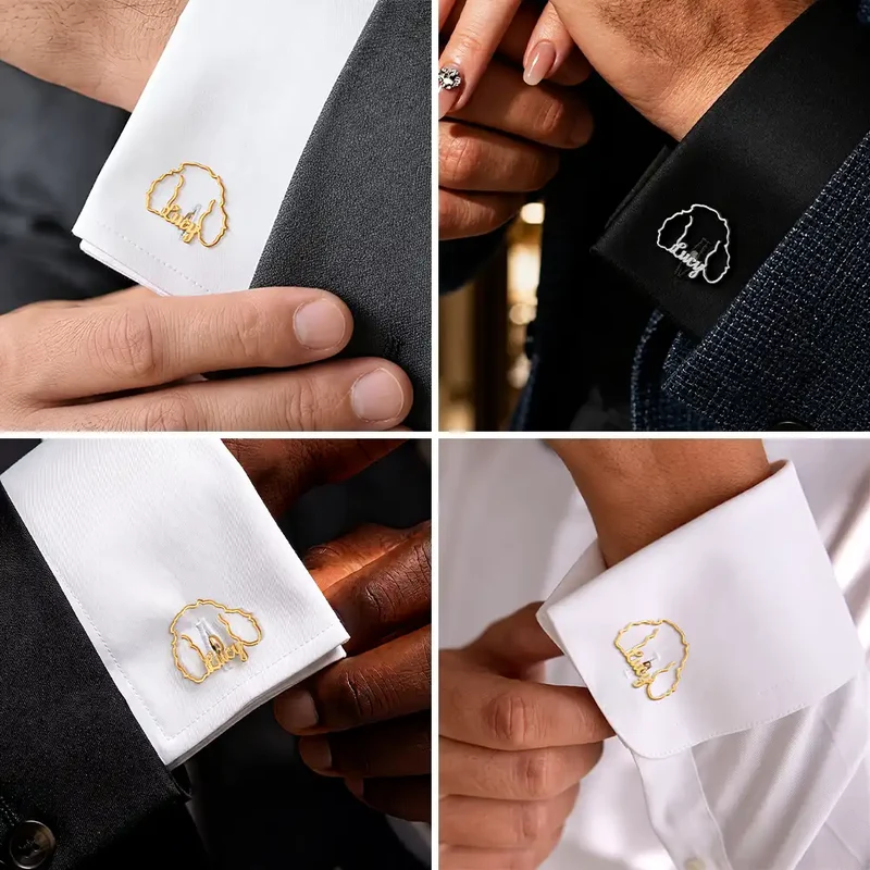 Dog Ears Line Art With Custom Name - Personalized Cufflinks - Image 7