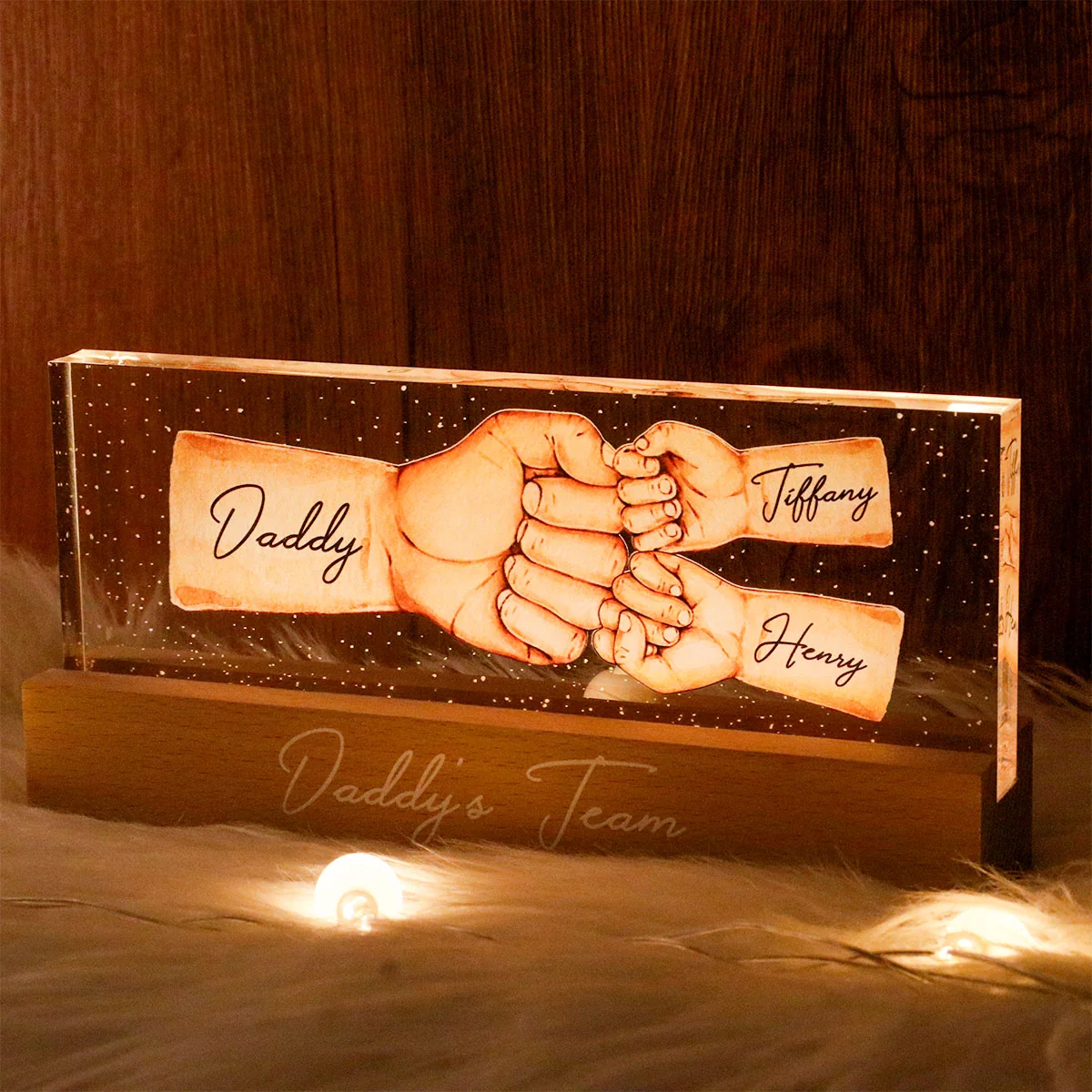 Daddy's Team Fist Bump - Personalized Acrylic Block Plaque LED Night Light - Gift For Dad, Gift For Husband, Gift For Grandpa - Image 4
