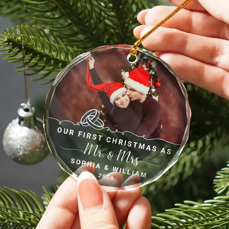 Custom Photo Our First Christmas Engaged - Personalized Circle Acrylic Ornament - Image 2
