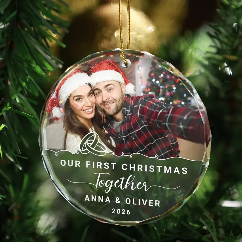 Custom Photo Our First Christmas Engaged - Personalized Circle Acrylic Ornament - Image 3
