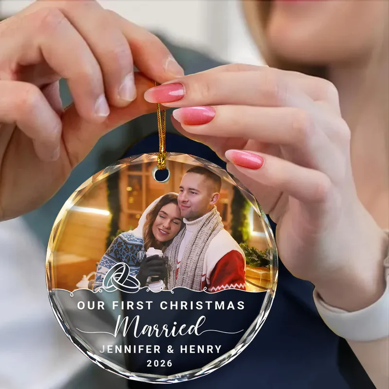 Custom Photo Our First Christmas Engaged - Personalized Circle Acrylic Ornament - Image 4