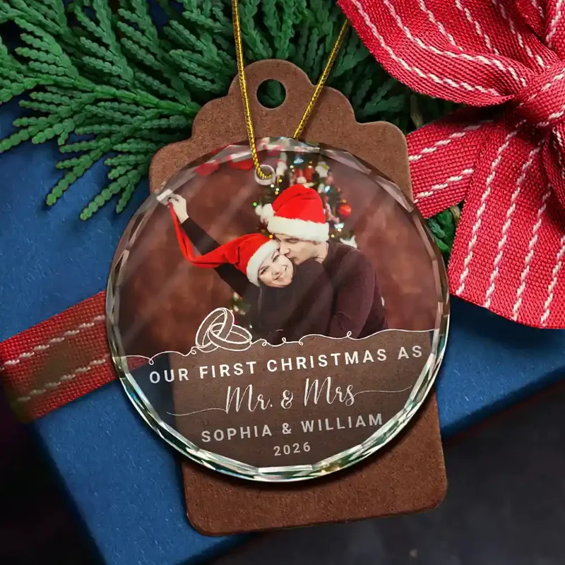 Custom Photo Our First Christmas Engaged - Personalized Circle Acrylic Ornament - Image 5