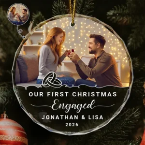 Custom Photo Our First Christmas Engaged - Personalized Circle Acrylic Ornament