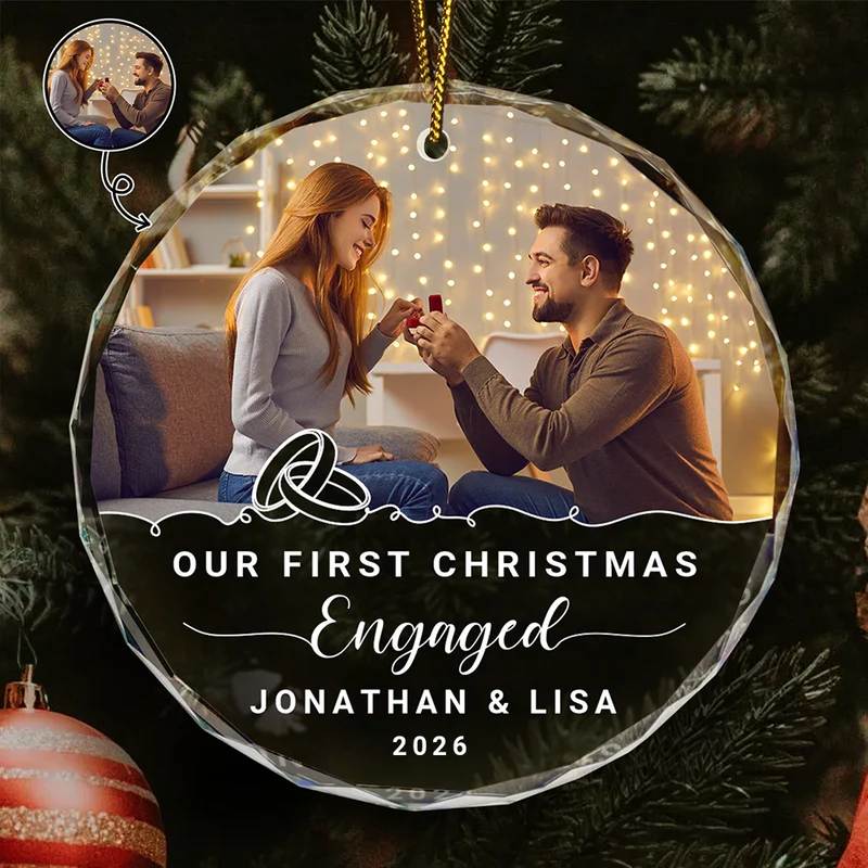 Custom Photo Our First Christmas Engaged - Personalized Circle Acrylic Ornament