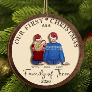 First Christmas As A Family Of Three New Parents - Personalized Wooden Ornament