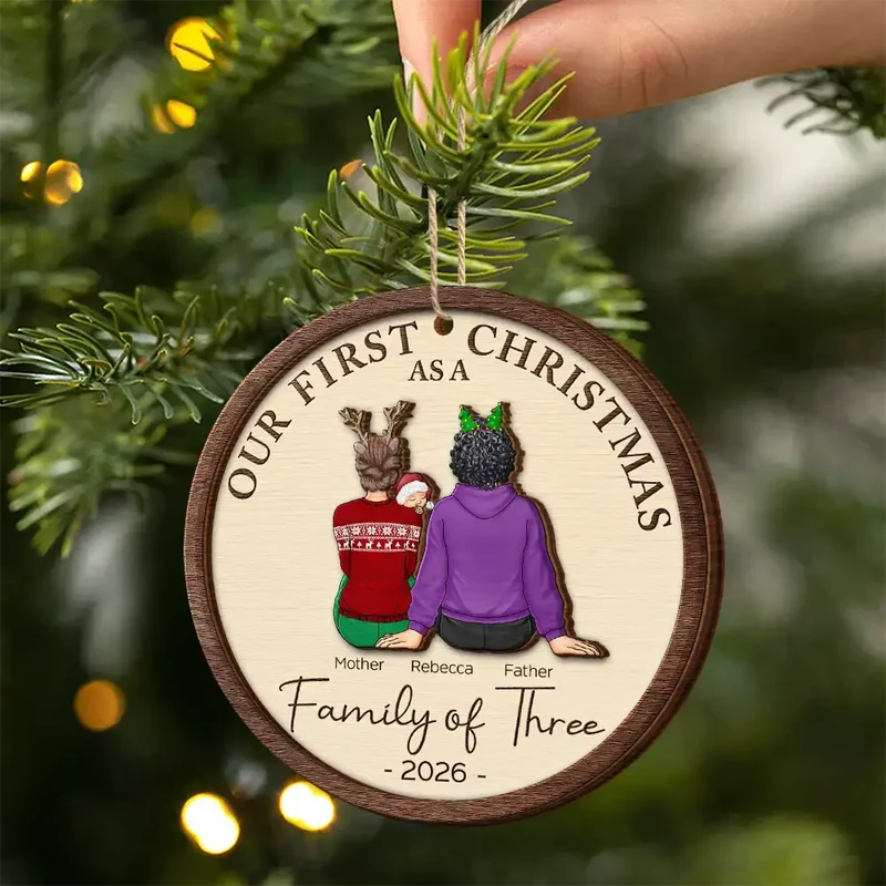 First Christmas As A Family Of Three New Parents - Personalized Wooden Ornament - Image 2