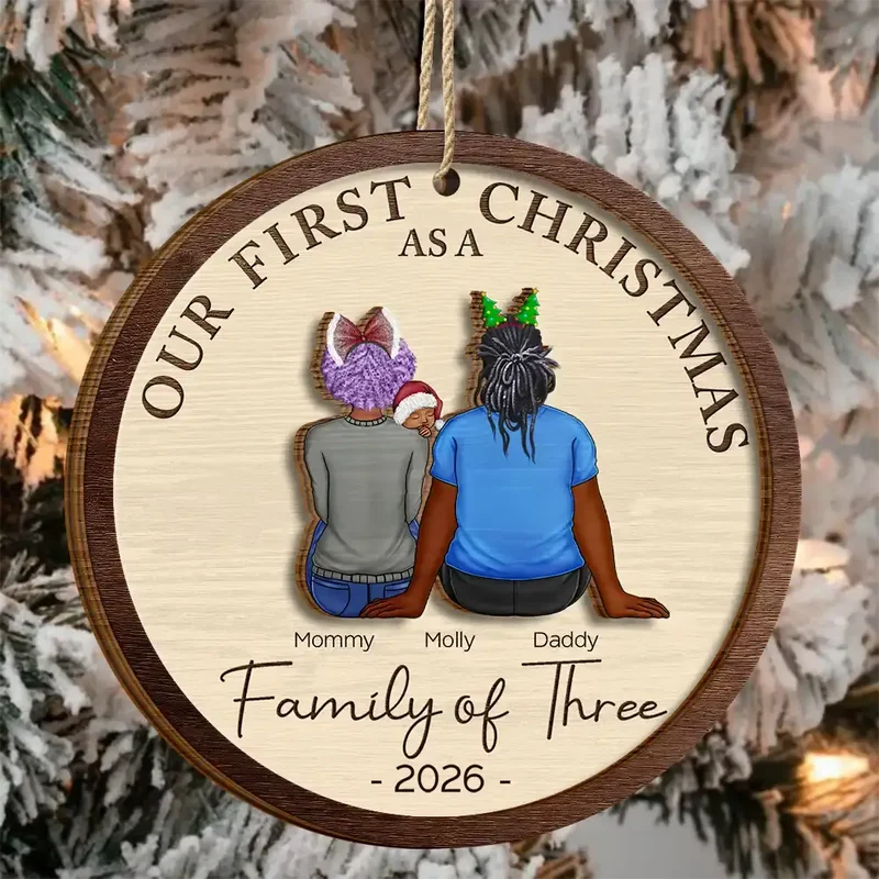 First Christmas As A Family Of Three New Parents - Personalized Wooden Ornament - Image 3