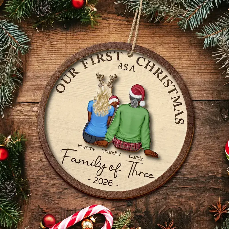 First Christmas As A Family Of Three New Parents - Personalized Wooden Ornament - Image 4