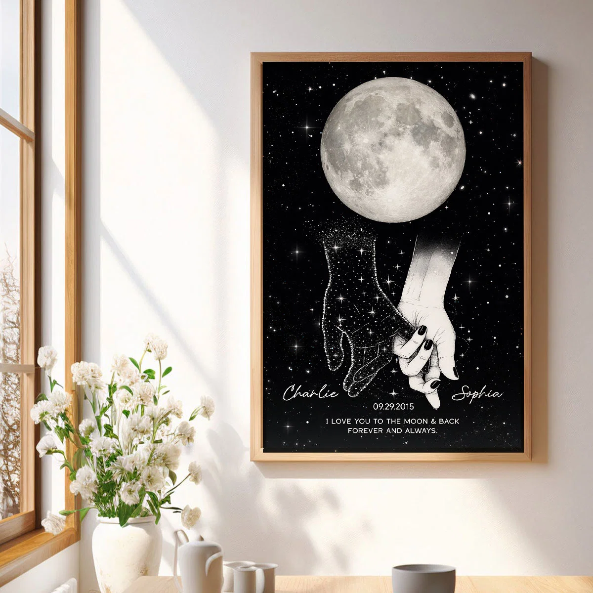 Lost Loved One Holding Hands Moon Phase Galaxy Art Memorial Sympathy Gift Personalized Poster - Image 7