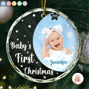 Custom Photo New Baby's First Christmas - Personalized Circle Acrylic Ornament