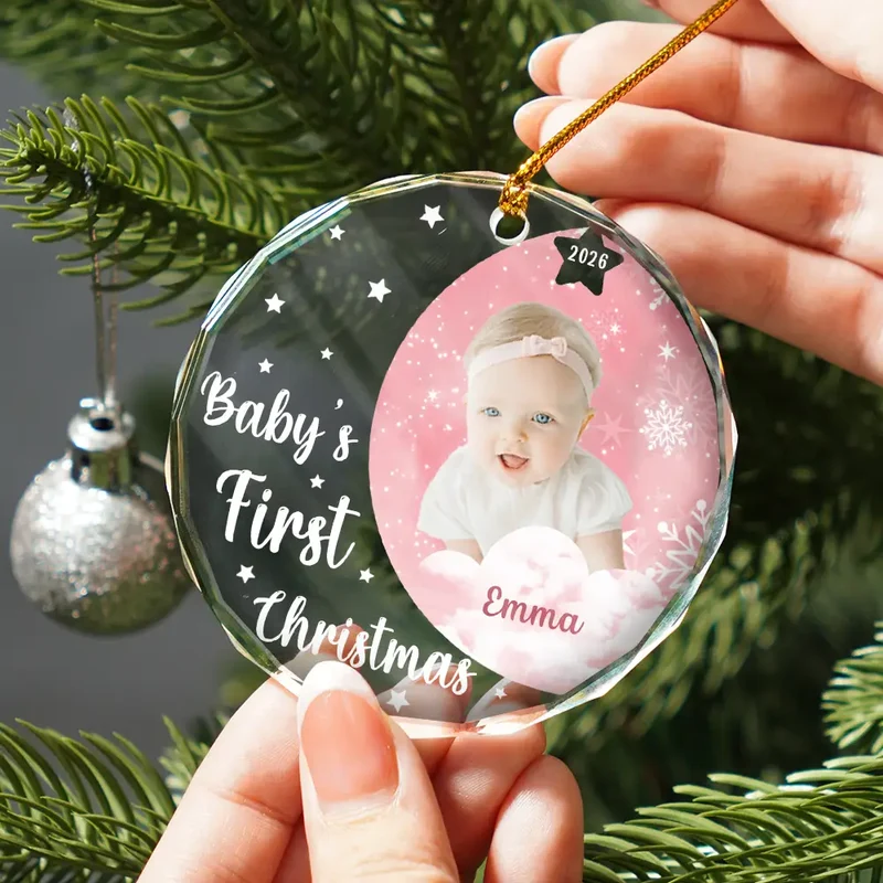 Custom Photo New Baby's First Christmas - Personalized Circle Acrylic Ornament - Image 3