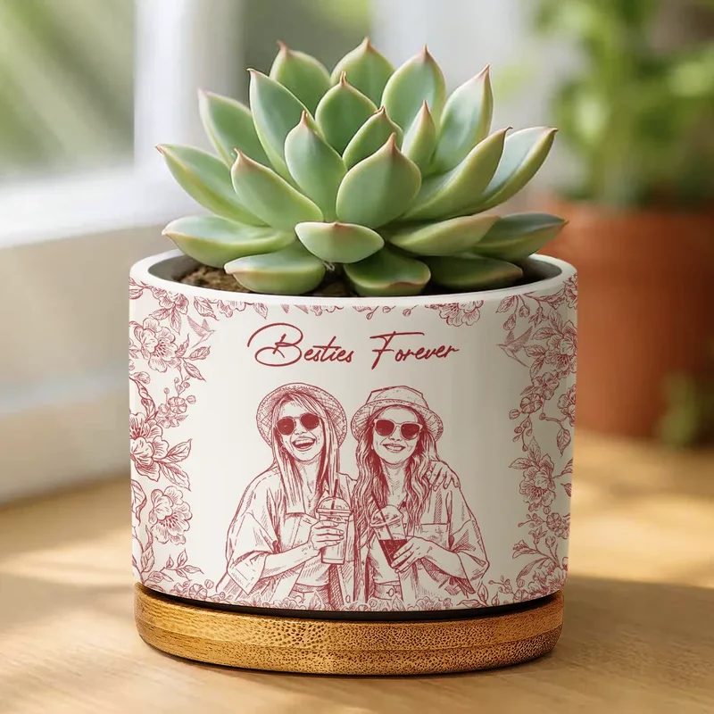 Custom Photo Pencil Sketch A True Friendship Is A Journey Without An End - Personalized Ceramic Plant Pot - Image 2