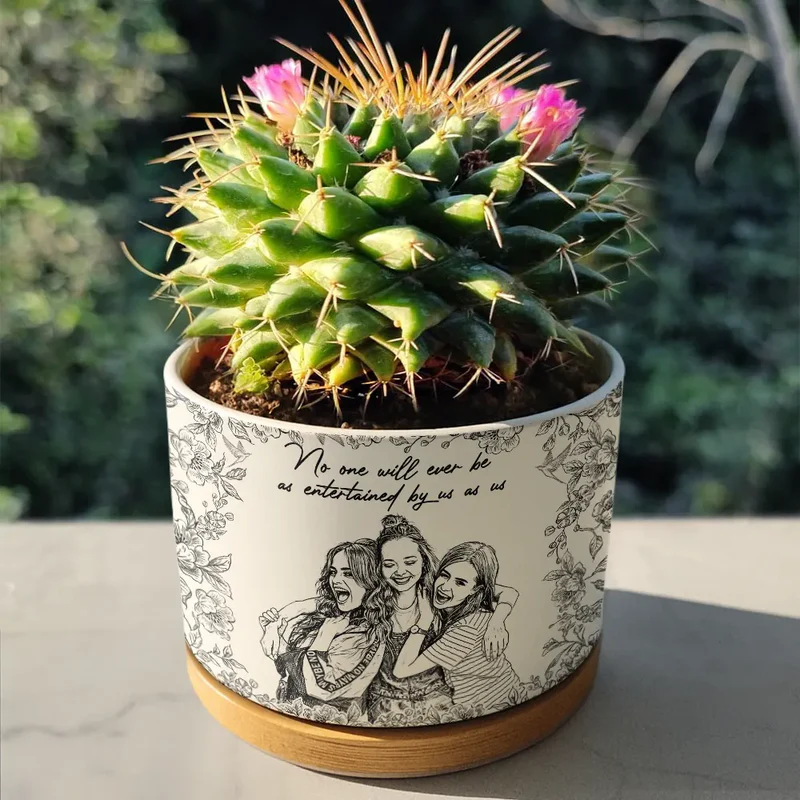 Custom Photo Pencil Sketch A True Friendship Is A Journey Without An End - Personalized Ceramic Plant Pot - Image 4