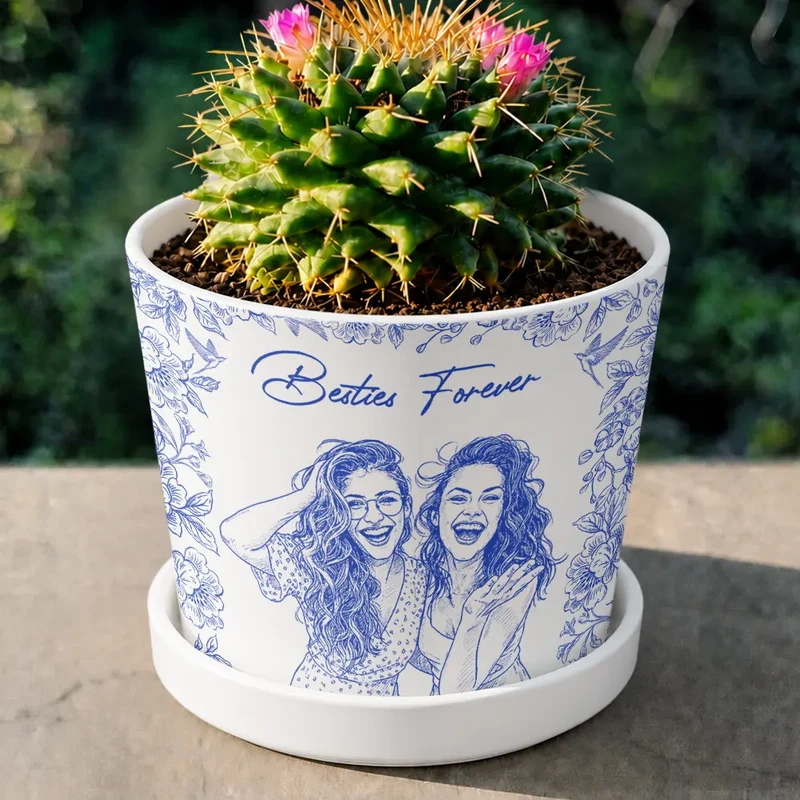 Custom Photo Pencil Sketch A True Friendship Is A Journey Without An End - Personalized Ceramic Plant Pot - Image 5