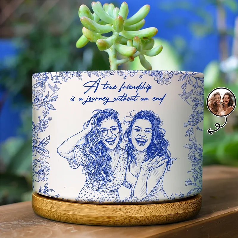 Custom Photo Pencil Sketch A True Friendship Is A Journey Without An End - Personalized Ceramic Plant Pot