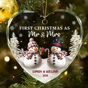 First Christmas As Mr & Mrs Snowman - Personalized Heart Shaped Ornament