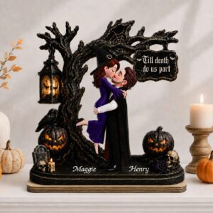 Couple Hugging Under Spooky Halloween Tree 2D Flat - Personalized Wooden Plaque - Tabletop Tier Tray Wicca Pagan Decor