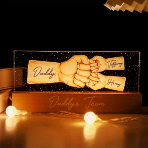 Daddy's Team Fist Bump - Personalized Acrylic Block Plaque LED Night Light - Gift For Dad, Gift For Husband, Gift For Grandpa