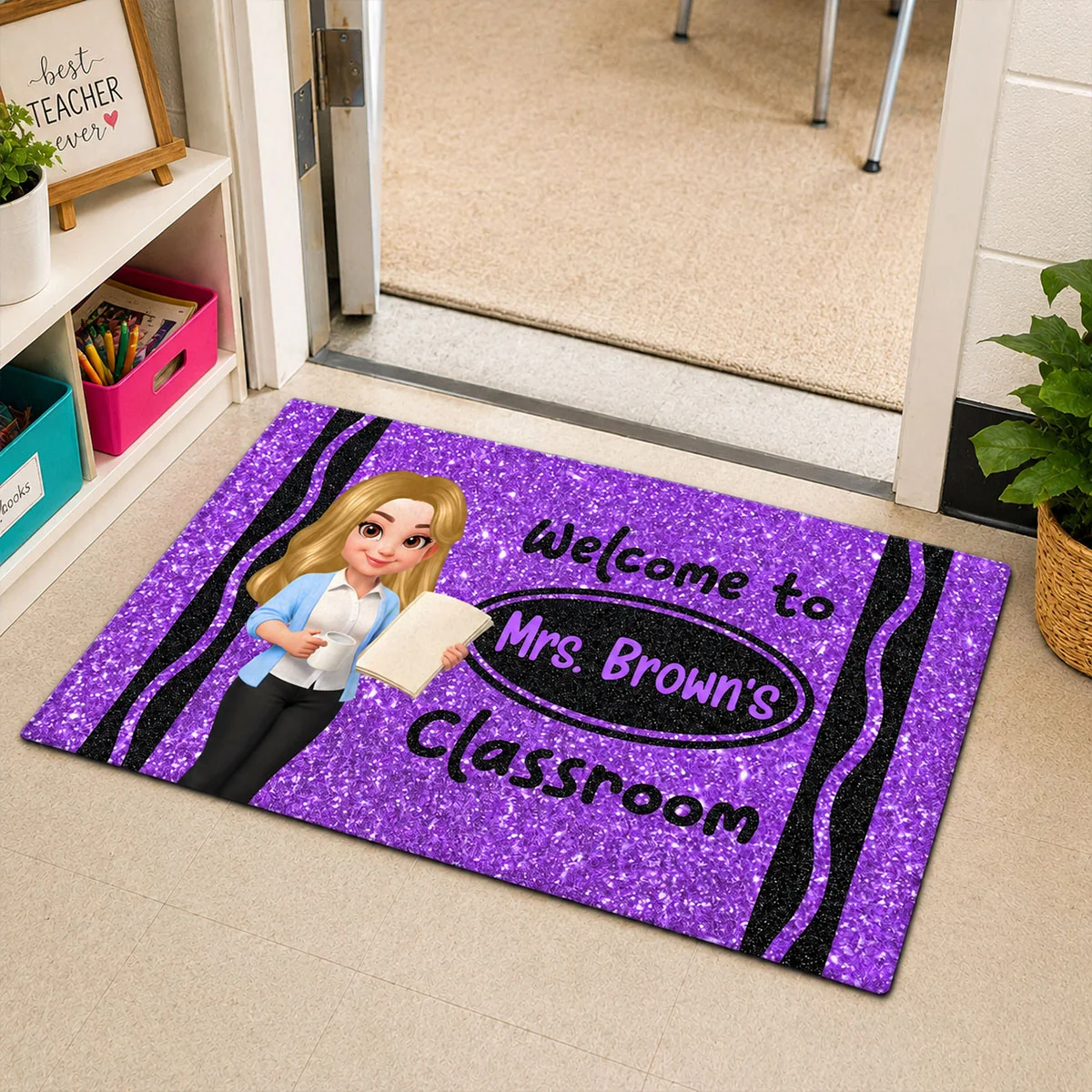 Teacher Beautiful Faux Glitter Effect Crayon Color Welcome To Classroom - Personalized Doormat - Back To School, Classroom Decor - Image 2