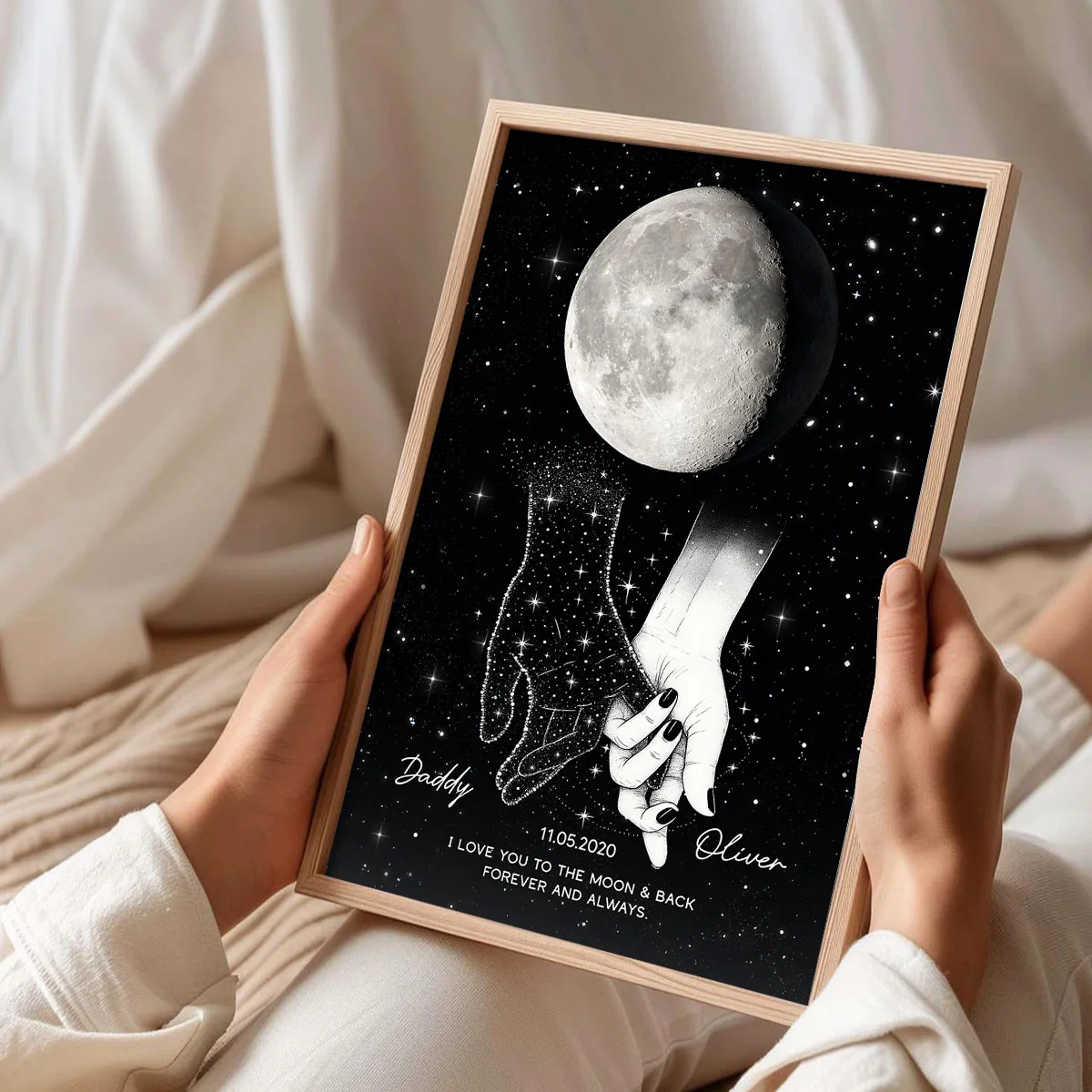 Lost Loved One Holding Hands Moon Phase Galaxy Art Memorial Sympathy Gift Personalized Poster - Image 3