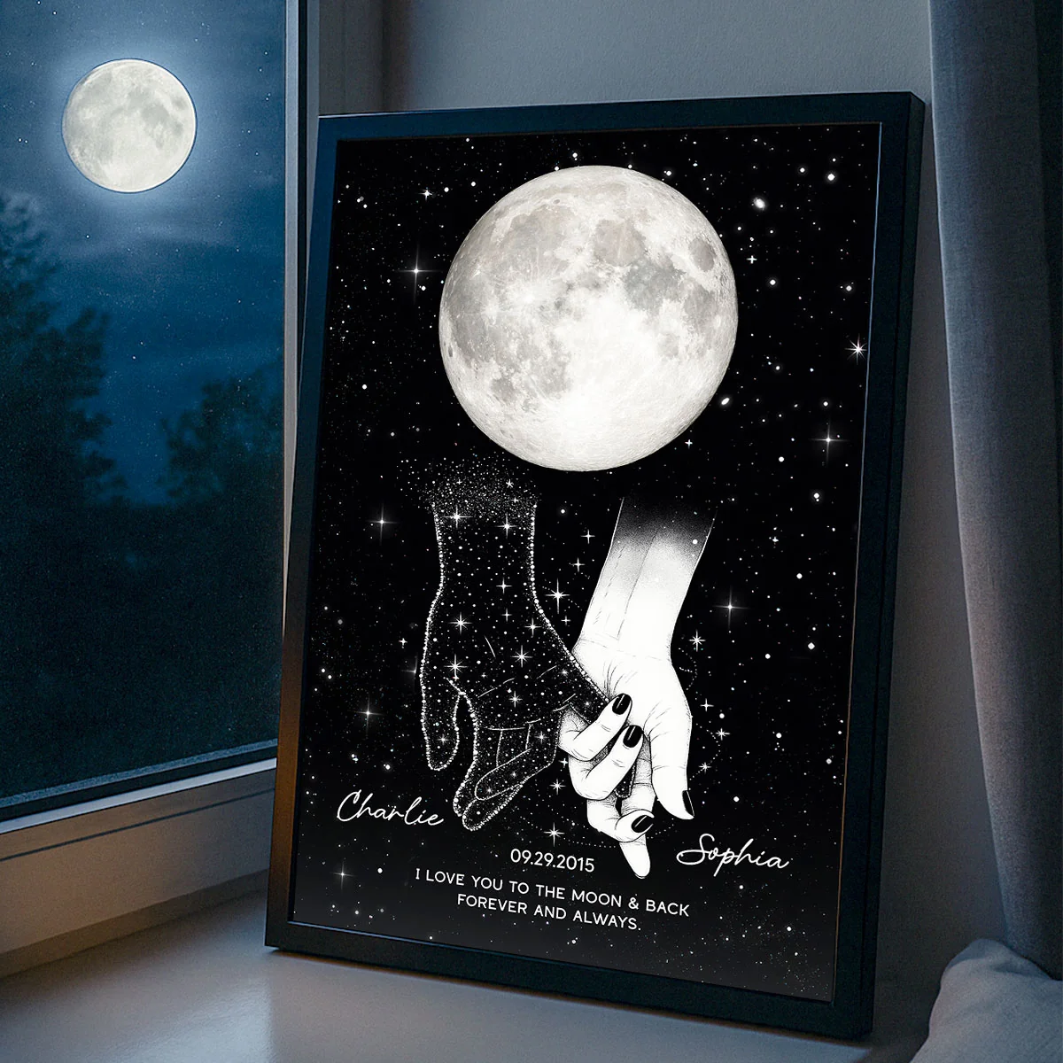 Lost Loved One Holding Hands Moon Phase Galaxy Art Memorial Sympathy Gift Personalized Poster - Image 5