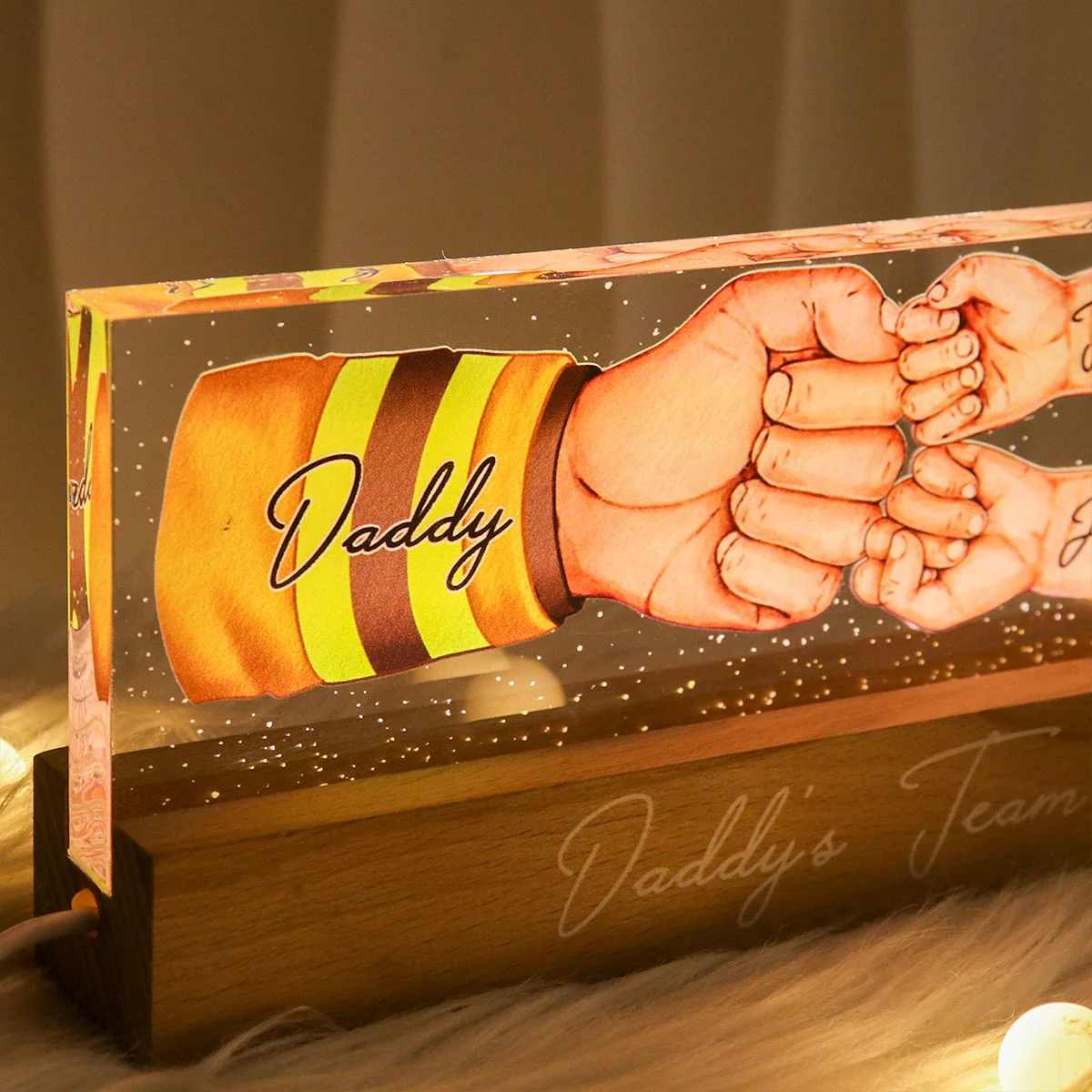 Daddy's Team Fist Bump - Personalized Acrylic Block Plaque LED Night Light - Gift For Dad, Gift For Husband, Gift For Grandpa - Image 3