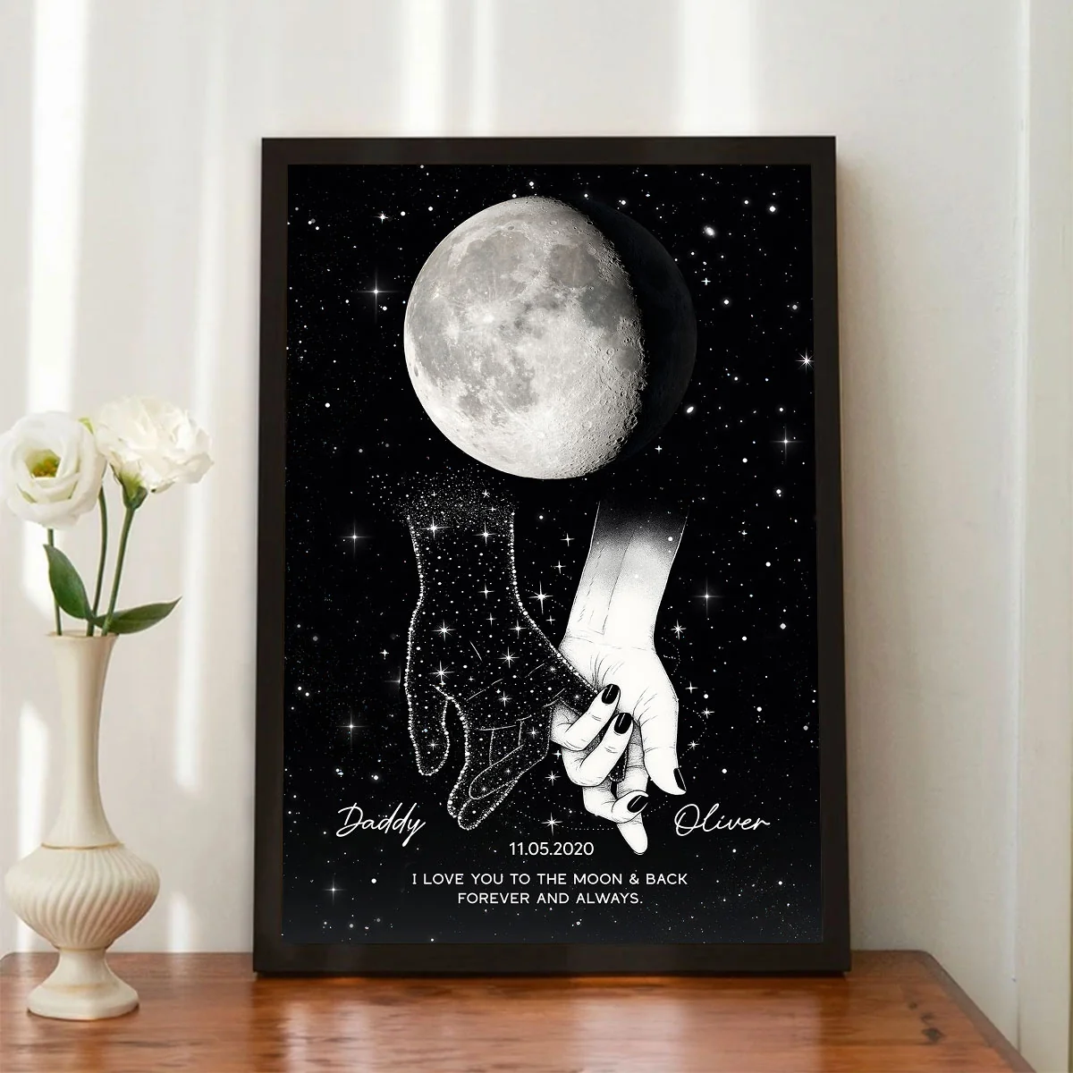Lost Loved One Holding Hands Moon Phase Galaxy Art Memorial Sympathy Gift Personalized Poster