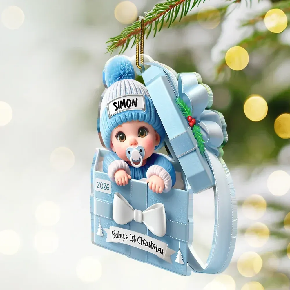 Baby First Christmas, Baby Reveals, Gift Box 3D Effect - Personalized Custom Shaped Acrylic Ornament - Image 3