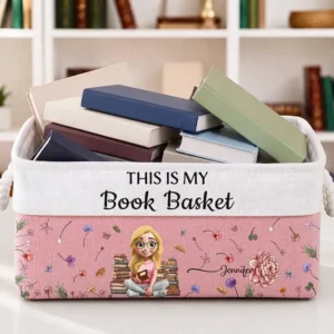 My Books Reading Girl With Birth Month Flower - Personalized Storage Basket