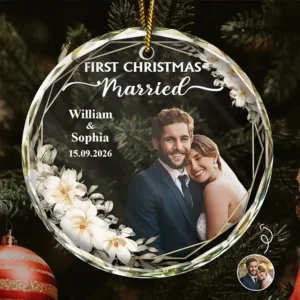 Custom Photo First Christmas Married - Personalized Ornament