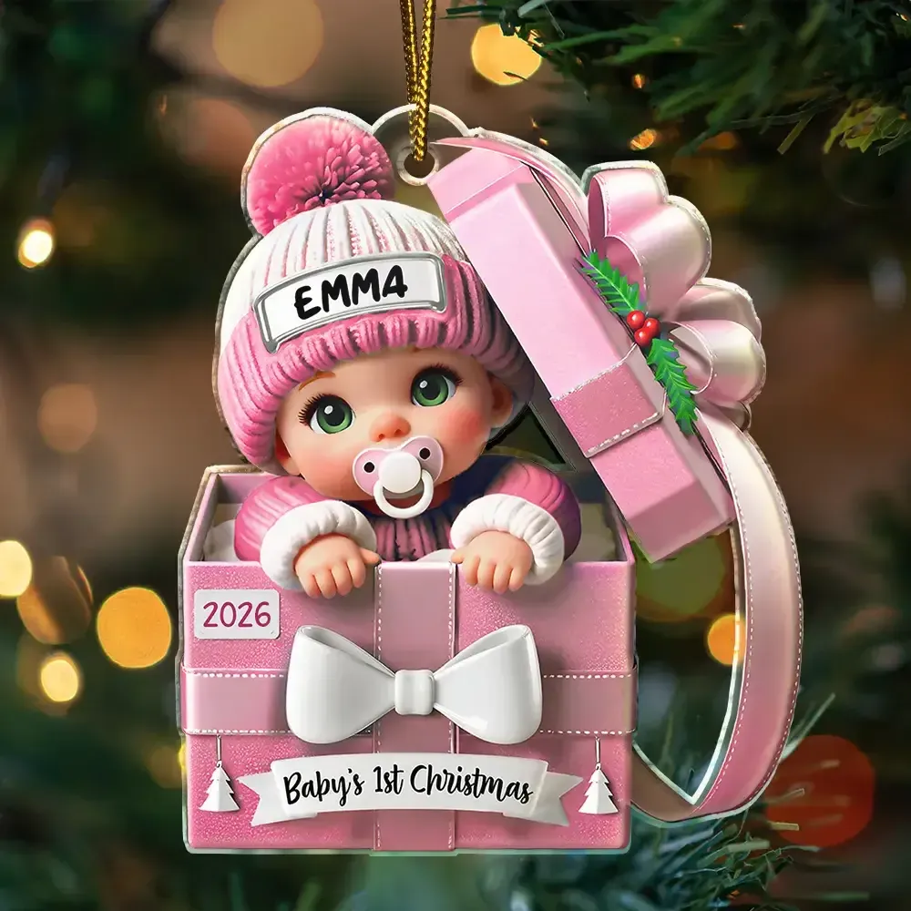 Baby First Christmas, Baby Reveals, Gift Box 3D Effect - Personalized Custom Shaped Acrylic Ornament - Image 4