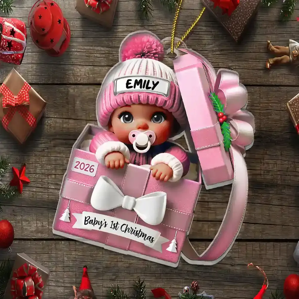 Baby First Christmas, Baby Reveals, Gift Box 3D Effect - Personalized Custom Shaped Acrylic Ornament - Image 2